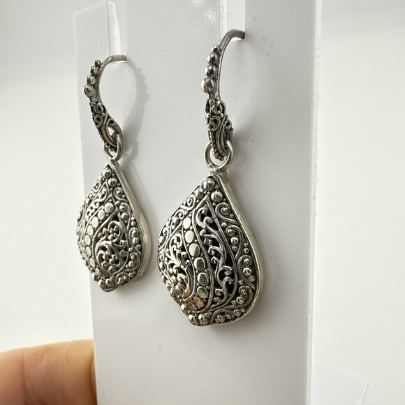 Sarda Sterling Silver Earrings Teardrop Filigree Pebbled Bali Scrollwork 925 JTV - Picture 4 of 11